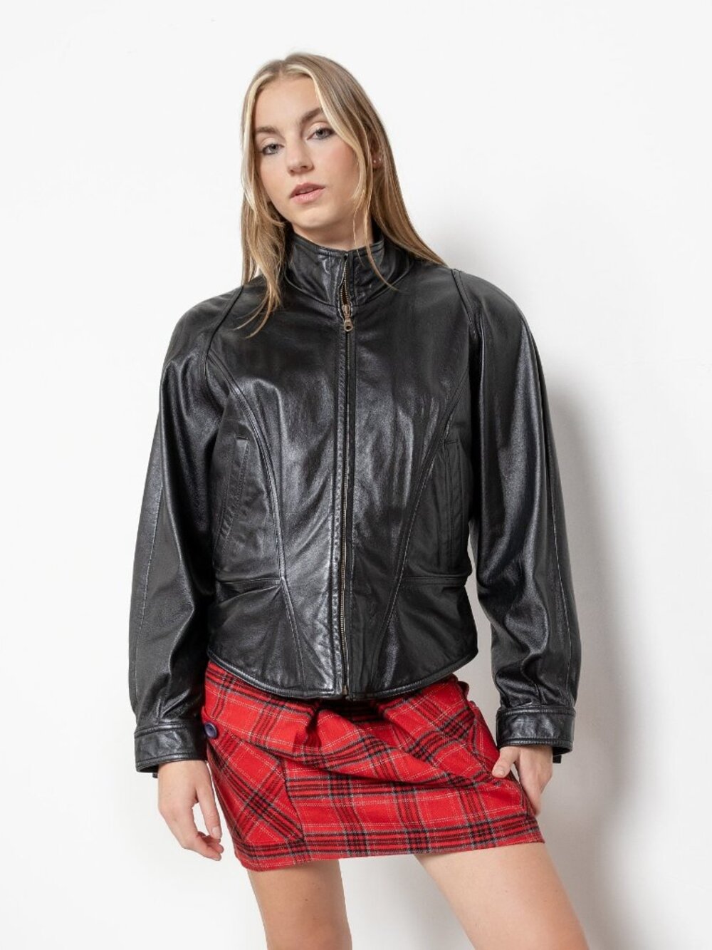 BLACK LEATHER JACKET Vintage Biker Motorcycle Blazer Woman 90's Fall Winter